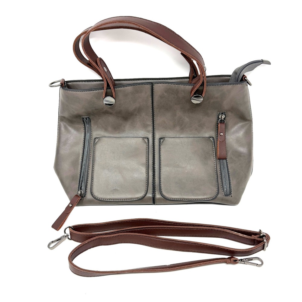 Gray Leather Tote Bag Brown Strap Large Zip Pocket Shoulder Bag - Picture 11 of 15
